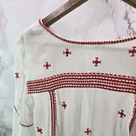 Anthropologie Shirt Womens Small 4 White Red Peasant Embroidered Adena Flared - Picture 7 of 12